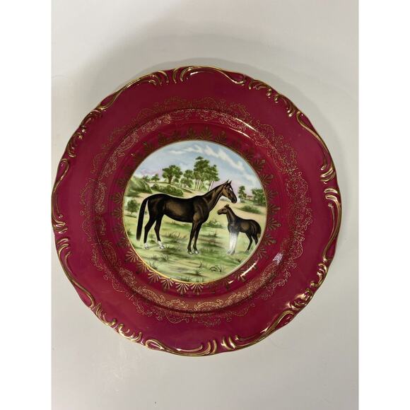 Vibrant Porcelain Plate Set of 2 Horse Cabinet Plates Decor Blue Fuschia Gold - Picture 3 of 12